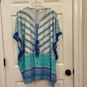 Cabana Life Turquoise & Royal Blue Tie-Front Beach 
Coverup